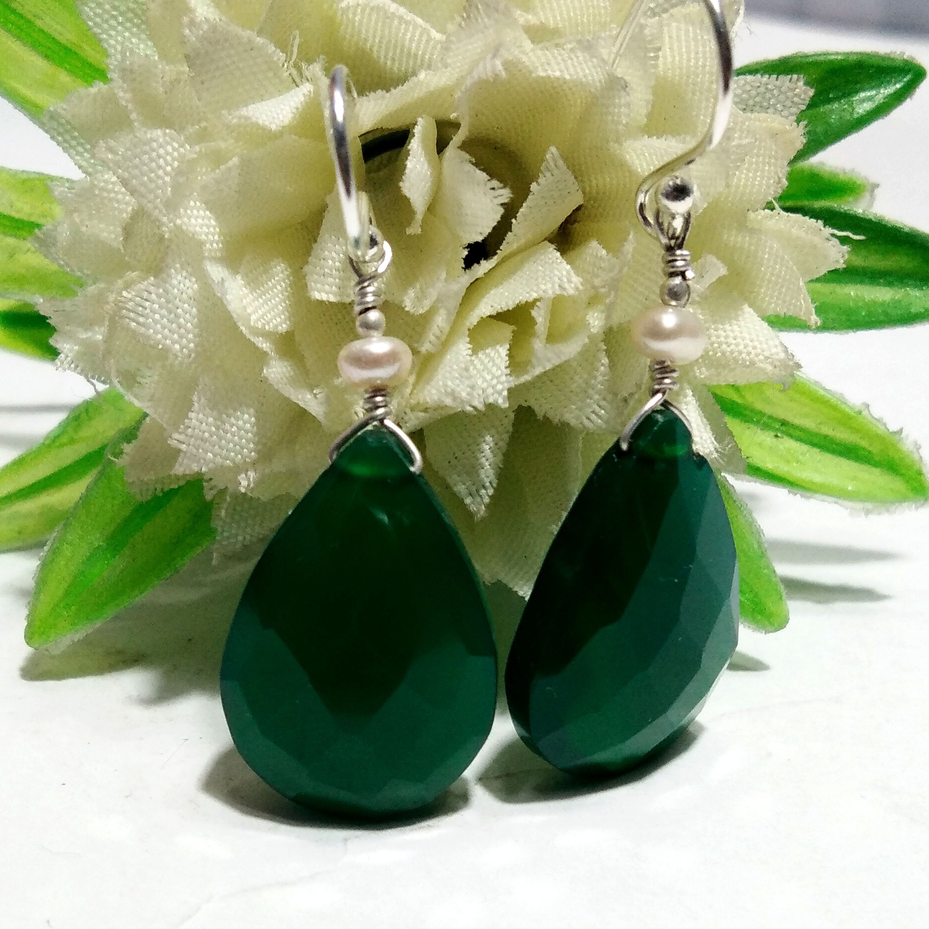Very Beautiful Nice Earring, Green Onyx & Pearl Earring, 925 Starling Silver Handmade Making Earring, Gemstone Earring Gift For Girls/Women